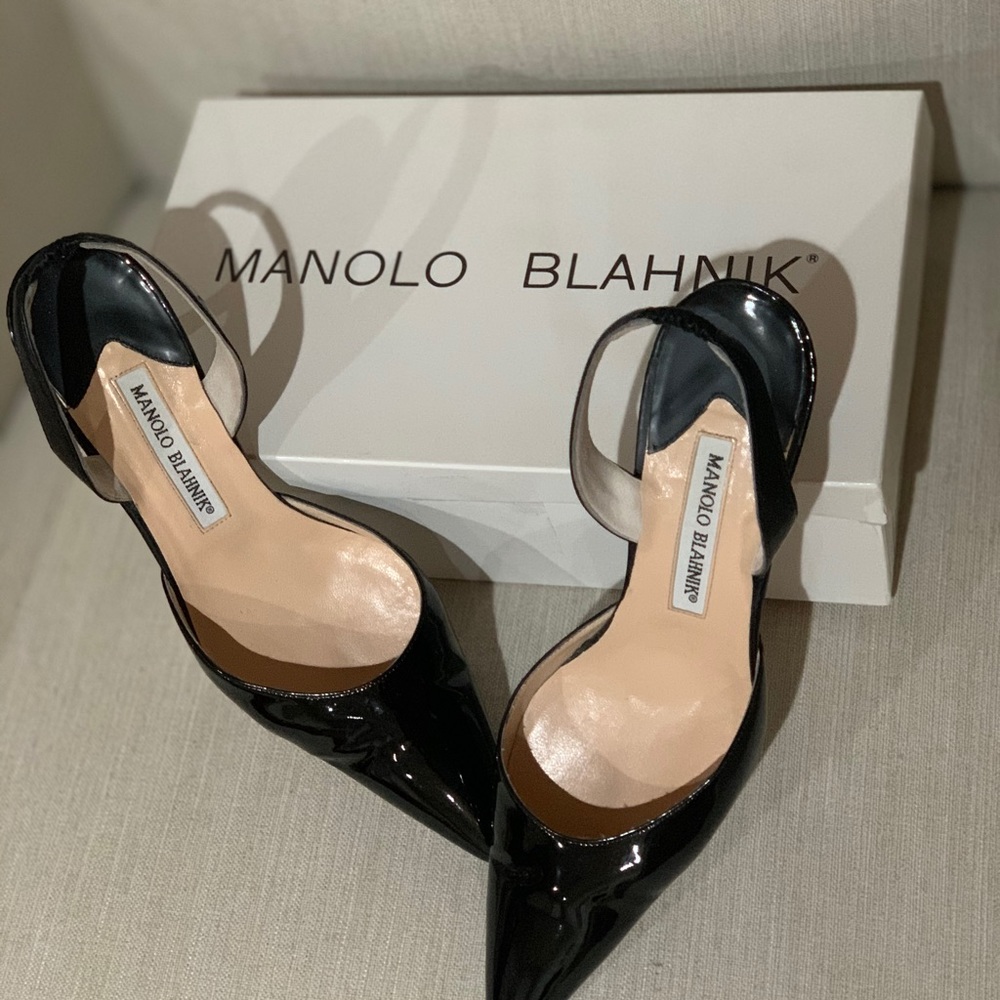 Manolo Blahnik Black Patent Slingbacks